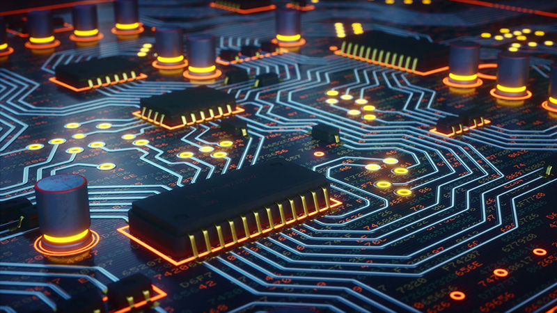 An abstract 3D render of some microprocessors on a circuit board with glowing lights. The surface of the board is dark with many lines of hexadecimal code written over it.